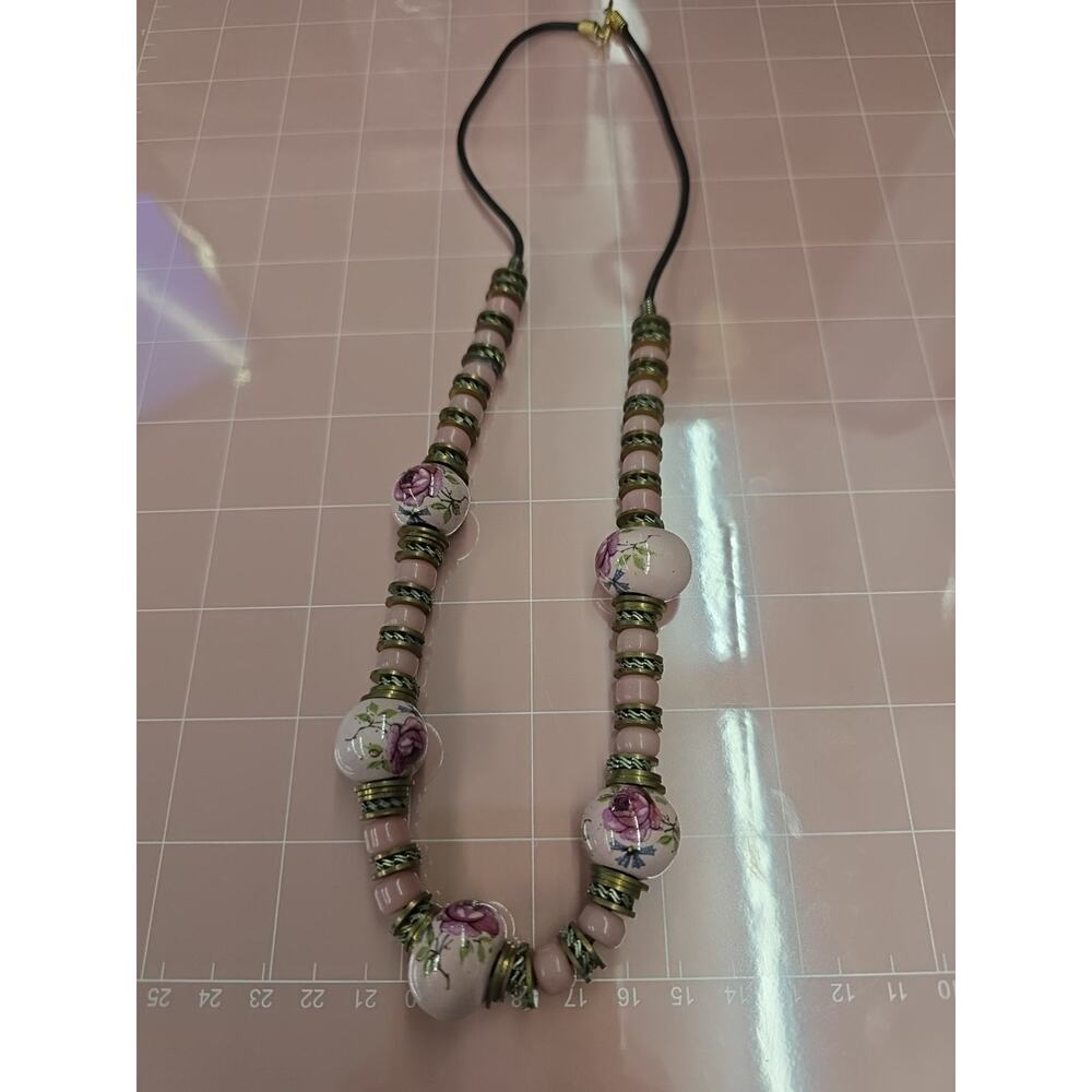 Vintage Porcelain Painted Pink Floral Beads And Brass Necklace Lovely